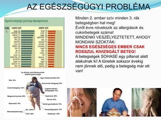 AZ EGÉSZSÉGÜGYI PROBLÉMA 
Minden 2. ember szív minden 3. rák 
betegségben hal meg! 
Évről évre növekszik az allergiások és 
cukorbetegek száma! 
MINDENKI VESZÉLYEZTETETT, AHOGY 
MONDANI SZOKTÁK: 
NINCS EGÉSZSÉGES EMBER CSAK 
ROSSZUL KIVIZSGÁLT BETEG! 
A betegségek SOHASE egy pillanat alatt 
alakulnak ki! A tűnetek sokszor évekig 
nem jönnek elő, pedig a betegség már ott 
van! 
 