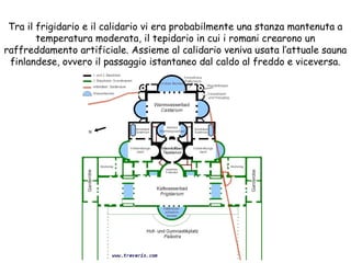 Tra il frigidario e il calidario vi era probabilmente una stanza mantenuta a
temperatura moderata, il tepidario in cui i romani crearono un
raffreddamento artificiale. Assieme al calidario veniva usata l’attuale sauna
finlandese, ovvero il passaggio istantaneo dal caldo al freddo e viceversa.
 