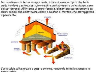 Per mantenere le terme sempre calde, i romani, avendo capito che l’aria
calda tendeva a salire, costruirono sotto ogni pavimento delle stanze, come
dei sotterranei. All’interno vi erano fornace, alimentate costantemente da
alcuni schiavi che emettevano calore e colonne di mattoni che sorreggevano
il pavimento.
L’aria calda saliva grazie a queste colonne, rendendo tutte le stanze e le
 
