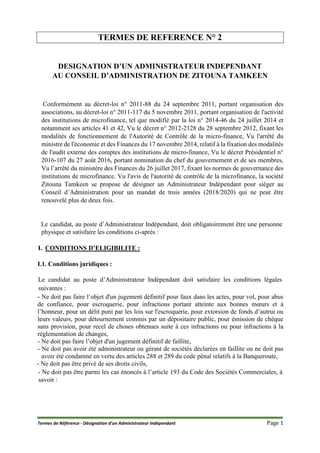 Termes de Référence - Désignation d’un Administrateur Indépendant Page 1
TERMES DE REFERENCE N° 2
DESIGNATION D’UN ADMINIS...