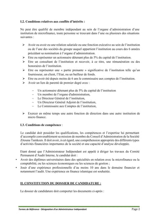 Termes de Référence - Désignation d’un Administrateur Indépendant Page 2
I.2. Conditions relatives aux conflits d’intérêts...