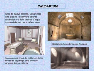 CALDARIUM 
Sala de banys calents. Solia tindre 
una piscina o banyera calenta 
(alveus) i una font circular d’aigua 
freda o labrum per a refrescar-se. 
Caldarium d’unes termes de Pompeia 
Reconstrucció virtual del caldarium de les 
termes de Segóbriga, amb alveus o 
banyeres d’aigua calenta 
 