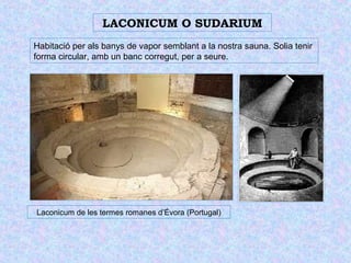 LACONICUM O SUDARIUM 
Habitació per als banys de vapor semblant a la nostra sauna. Solia tenir 
forma circular, amb un banc corregut, per a seure. 
Laconicum de les termes romanes d’Évora (Portugal) 
 