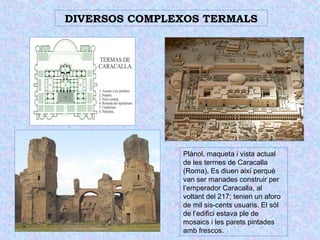 DIVERSOS COMPLEXOS TERMALS 
Plànol, maqueta i vista actual 
de les termes de Caracalla 
(Roma). Es diuen així perquè 
van ser manades construir per 
l’emperador Caracalla, al 
voltant del 217; tenien un aforo 
de mil sis-cents usuaris. El sòl 
de l’edifici estava ple de 
mosaics i les parets pintades 
amb frescos. 
 