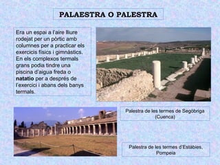 PALAESTRA O PALESTRA 
Era un espai a l’aire lliure 
rodejat per un pòrtic amb 
columnes per a practicar els 
exercicis físics i gimnàstics. 
En els complexos termals 
grans podia tindre una 
piscina d’aigua freda o 
natatio per a després de 
l’exercici i abans dels banys 
termals. 
Palestra de les termes de Segòbriga 
(Cuenca) 
Palestra de les termes d’Estàbies, 
Pompeia 
 