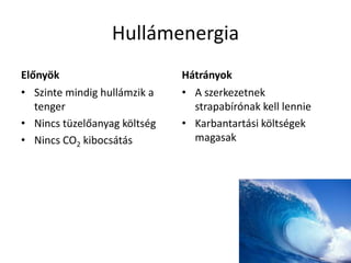 Hullámenergia
Előnyök
• Szinte mindig hullámzik a
tenger
• Nincs tüzelőanyag költség
• Nincs CO2 kibocsátás
Hátrányok
• A szerkezetnek
strapabírónak kell lennie
• Karbantartási költségek
magasak
 