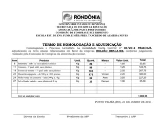 GOVERNO DO ESTADO DE RONDÔNIA
                                        SECRETARIA DE ESTADO DA EDUCAÇÀO
                                         ASSOCIAÇÃO DE PAIS E PROFESSORES
                                       COMISSÃO DE COMPRAS E RECEBIMENTO
                         ESCOLA EST. DE ENS. FUND. E MÉD. PRES. TANCREDO DE ALMEIDA NEVES


                               TERMO DE HOMOLOGAÇÃO E ADJUDICAÇÃO
            Homologamos o Processo Licitatório na modalidade Carta Convite nº 03/2011 PNAE/EJA,
adjudicando os itens abaixo relacionados em favor da empresa ROLDÃO BRAGA-ME, conforme julgamento
realizado pela Comissão de Compras da alimentação escolar.

Item                        Produto                           Unid.     Quant.       Marca         Valor Unit.       Total
 6 Beterraba - emb. cx/ saco plástico atóxico                  Kg         29            -             1,85           53,65
 11 Cenoura - 1ª qual. emb. saco plástico                      Kg         99            -             1,25           123,75
 14 Extrato de tomate – 1ª qual. emb. saco plástico            Kg        105            -             2,55           267,75
 22 Macarrão espaguete – de 500 g a 1000 gramas                Kg        175         Viccari          2,20           385,00
 24 Milho verde em conserva – latas 300 g a 3 kg               Kg         64          Aros            3,55           227,20
 27 Sal refinado iodado – saco plástico de 1 kg                Kg         25         Campo            1,00           25,00




       TOTAL ADJUDICADO                                                                                             1.082,35

                                                                                 PORTO VELHO, (RO), 21 DE JUNHO DE 2011.



 ______________________________                   ___________________________                  __________________________
         Diretor da Escola                              Presidente da APP                         Tesoureiro / APP
 