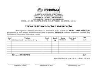 GOVERNO DO ESTADO DE RONDÔNIA
                                       SECRETARIA DE ESTADO DA EDUCAÇÀO
                                        ASSOCIAÇÃO DE PAIS E PROFESSORES
                                      COMISSÃO DE COMPRAS E RECEBIMENTO
                        ESCOLA EST. DE ENS. FUND. E MÉD. PRES. TANCREDO DE ALMEIDA NEVES


                              TERMO DE HOMOLOGAÇÃO E ADJUDICAÇÃO

           Homologamos o Processo Licitatório na modalidade Carta Convite nº 04/2011 MAIS EDUCAÇÃO
adjudicando os itens abaixo relacionados em favor da empresa DUPORTO conforme julgamento realizado pela
Comissão de Compras da alimentação escolar.

 Item                        Produto                        Unid.     Quant.    Marca       Valor Unit.       Total
  29    Sal refinado iodado – saco plástico de 1 kg           kg
                                                                        13     MAGNATA         0,98           12,74




        TOTAL ADJUDICADO                                                                                      12,74

                                                                        PORTO VELHO, (RO), 06 DE SETEMBRO DE 2011


 ______________________________                ___________________________              __________________________
         Diretor da Escola                           Presidente da APP                     Tesoureiro / APP
 