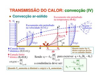 TRANSMISSÃO DO CALOR: convecção (IV)
Convecção ar-sólido
θf Uf

y

Escoamento não perturbado
na temperatura (θ=θf)

Escoamento não perturbado
na velocidade (U=Uf)

Uf

y

Regime
turbulento

Uf
θ(y)-θf

q

U(y)
Camada limite
dinâmica (0≤U<Uf)
Camada limite
térmica (θf<θ≤θs)

θ

α
θs

θf

U(y)
Quanto maior for Uf
menos espessas devem
ser as camadas limites

∆θ
∂θ
para escrever q = h c (θ s − θ f
Sendo q = −λ f
∂y y = 0
∂θ
∂θ
cot g (α ) =
− λf
a condutância deve ser:
∂y y = 0
∂y y = 0
hc =
Quando Uf aumenta α diminui e cotg(α) e hc aumentam
α
θs − θ f

)

 