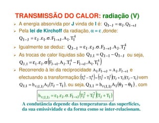 TRANSMISSÃO DO CALOR: radiação (V)
A energia absorvida por J vinda de I é: Q I − J = α J . Q I → J
Pela lei de Kirchoff da radiação, α = ε ,donde:
Q I − J = ε J . ε I . σ . FI → J . A I . TI4

Igualmente se deduz: Q J − I = ε I . ε J . σ . FJ → I . A J . TJ4
As trocas de calor líquidas são Q J , I = Q J − I − Q I − J ou seja,

(

Q J , I = ε I . ε J . σ FJ →I . A J . TJ4 − FI→J . A I . TI4

)

Recorrendo à lei da reciprocidade A I .FI → J = A J . FJ → I e

(

) (

(

)

)

efectuando a transformação: TJ4 − TI4 = TJ2 + TI2 (TJ + TI )(TJ − TI ) vem
Q J, I = h r ( J, I) A I (TJ − TI ), ou seja, Q J, I = h r ( J, I) A I (θ J − θ I ) , com
h r ( J , I) = ε I . ε J . σ . FI → J TJ2 + TI2 (TJ + TI )

A condutância depende das temperaturas das superfícies,
da sua emissividade e da forma como se inter-relacionam.

 