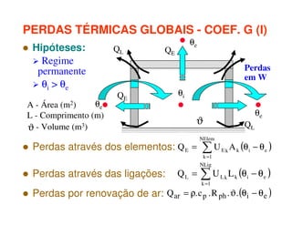 PERDAS TÉRMICAS GLOBAIS - COEF. G (I)
Hipóteses:
Regime
permanente
θi > θe
θe
A - Área (m2)
L - Comprimento (m)
ϑ - Volume (m3)

QL

θe

QE

Perdas
em W
QE

θi
θe

ϑ

Perdas através dos elementos: Q E =

QL

NElem

∑U

Ek

A k (θ i − θ e )

k =1

Perdas através das ligações:

NLig

QL =

∑U

Lk

L k (θ i − θ e )

k =1

Perdas por renovação de ar: Q ar = ρ. c p . R ph . ϑ . (θi − θ e )

 