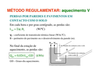 MÉTODO REGULAMENTAR: aquecimento V
PERDAS POR PAREDES E PAVIMENTOS EM
CONTACTO COM O SOLO
Em cada hora e por grau centígrado, as perdas são:
Lpe = Σψi·Bj
(W/ºC)
ψi – coeficiente de transmissão térmica linear (W/m.ºC);
B – perímetro do pavimento ou o desenvolvimento da parede (m).

No final da estação de
aquecimento, as perdas são:
Qpe = 0,024·Lpe·GD (kWh)
GD – Graus-dia aquecimento.

ψpav ψpar
Parede em contacto com o solo

B
Pavimento em contacto
com o solo

 