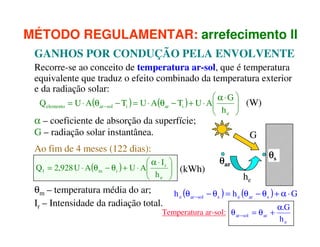 MÉTODO REGULAMENTAR: arrefecimento II
GANHOS POR CONDUÇÃO PELA ENVOLVENTE
Recorre-se ao conceito de temperatura ar-sol, que é temperatura
equivalente que traduz o efeito combinado da temperatura exterior
e da radiação solar:
 α⋅G 
 (W)
Q elemento = U ⋅ A(θar −sol − Ti ) = U ⋅ A(θar − Ti ) + U ⋅ A


α – coeficiente de absorção da superfície;
G – radiação solar instantânea.

 he 

G

Ao fim de 4 meses (122 dias):
 α ⋅ Ir
Q1 = 2,928 U ⋅ A(θ m − θ i ) + U ⋅ A
 h
 e

θm – temperatura média do ar;
Ir – Intensidade da radiação total.


 (kWh)



θs

θar
he

h e (θ ar −sol − θ s ) = h e (θ ar − θ s ) + α ⋅ G

Temperatura ar-sol: θ ar −sol = θ ar +

α.G
he

 