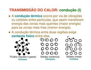 TRANSMISSÃO DO CALOR: condução (I)
A condução térmica ocorre por via de vibrações
ou colisões entre partículas, que assim transferem
energia das zonas mais quentes (maior energia)
para as zonas mais frias (menor energia).
A condução térmica entre duas regiões exige
contacto físico entre elas.
e-

Fluidos (líquidos e gases)
Colisões

Sólidos (cerâmica)
Vibrações

Sólidos (metal)
Colisões

 