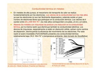 Conductividad térmica en metales
En metales de alta pureza, el mecanismo de transporte de calor se realiza
fundamentalmente por los electrones. Los valores de la conductividad son los más altos
ya que los electrones no son tan fácilmente dispersados y además existe un gran
número de electrones libres que participan en la conducción térmica. Los valores de k
oscilan entre 20 y 400 Wm-1K-1, los más altos corresponden a la plata, al oro y al cobre.
Aleando los metales con impurezas se produce una reducción en la conductividad
térmica, por la misma razón que disminuye también la conductividad eléctrica. Los
átomos de impurezas, especialmente si están en disolución sólida, actúan como centros
de dispersión, disminuyendo la eficiencia del movimiento de los electrones. Por esta
razón el acero inoxidable (Fe/Cr25/Ni20) presenta una conductividad térmica
relativamente baja (16,3 Wm-1K-1 a temperatura ambiente, dato tomado de Goodfellow)
Conductividad térmica frente a la composición para aleaciones
de cobre-Zinc. Metals Handbook: Properties and Selection)
Conductividad térmica para distintas aleaciones de Ag-Au.
M. Putti et al. (2002)
 