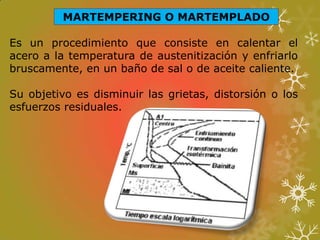MARTEMPERING O MARTEMPLADO
Es un procedimiento que consiste en calentar el
acero a la temperatura de austenitización y enfriarlo
bruscamente, en un baño de sal o de aceite caliente.
Su objetivo es disminuir las grietas, distorsión o los
esfuerzos residuales.
 