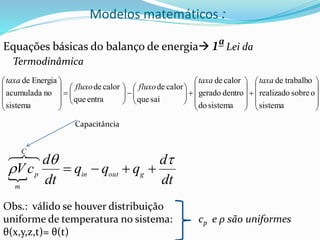 Modelos matemáticos :
Equações básicas do balanço de energia 1ªLei da
Termodinâmica


















































sistema
o
sobre
realizado
trabalho
de
sistema
do
dentro
gerado
calor
de
sai
que
calor
de
entra
que
calor
de
sistema
no
acumulada
Energia
de taxa
taxa
fluxo
fluxo
taxa
 dt
d
q
q
q
dt
d
c
V g
out
in
C
p
m


 






Capacitância
Obs.: válido se houver distribuição
uniforme de temperatura no sistema:
θ(x,y,z,t)= θ(t)
cp e ρ são uniformes
 