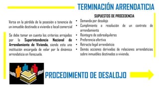 TERMINACIÓN ARRENDATICIA
SUPUESTOS DE PROCEDENCIA
• Demanda por desalojo
• Cumplimiento o resolución de un contrato de
arrendamiento
• Reintegro de sobrealquileres
• Preferencia ofertiva
• Retracto legal arrendaticio
• Demás acciones derivadas de relaciones arrendaticias
sobre inmuebles destinados a vivienda,
Versa en la pérdida de la posesión o tenencia de
un inmueble destinado a vivienda o local comercial
Se debe tomar en cuenta los criterios arrojados
por la Superintendencia Nacional de
Arrendamiento de Vivienda, siendo esta una
institución encargada de velar por la dinámica
arrendaticia en Venezuela.
PROCEDIMIENTO DE DESALOJO
 