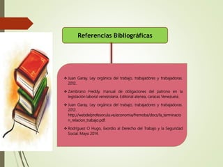 Referencias Bibliográficas
 Juan Garay, Ley orgánica del trabajo, trabajadores y trabajadoras.
2012.
 Zambrano Freddy, manual de obligaciones del patrono en la
legislación laboral venezolana. Editorial atenea, caracas Venezuela.
 Juan Garay, Ley orgánica del trabajo, trabajadores y trabajadoras.
2012.
http://webdelprofesor.ula.ve/economia/fremoba/docs/la_terminacio
n_relacion_trabajo.pdf.
 Rodríguez O Hugo, Exordio al Derecho del Trabajo y la Seguridad
Social. Mayo 2014.
 
