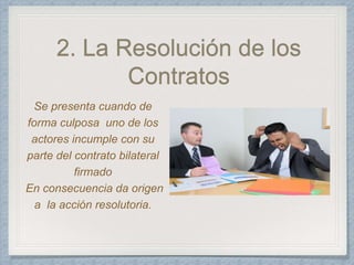 2. La Resolución de los
Contratos
Se presenta cuando de
forma culposa uno de los
actores incumple con su
parte del contrato bilateral
firmado
En consecuencia da origen
a la acción resolutoria.
 