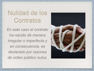 Nulidad de los
Contratos
En este caso el contrato
ha nacido de manera
irregular o imperfecta y
en consecuencia, es
declarado por razones
de orden público nulos.
 