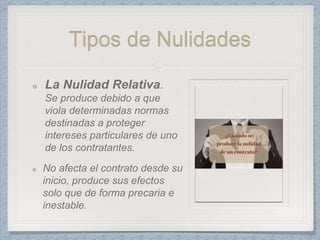 Tipos de Nulidades
La Nulidad Relativa.
Se produce debido a que
viola determinadas normas
destinadas a proteger
intereses particulares de uno
de los contratantes.
No afecta el contrato desde su
inicio, produce sus efectos
solo que de forma precaria e
inestable.
 