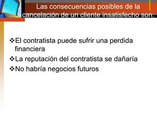 Las consecuencias posibles de la cancelación de un cliente insatisfecho son:El contratista puede sufrir una perdida financieraLa reputación del contratista se dañaríaNo habría negocios futuros