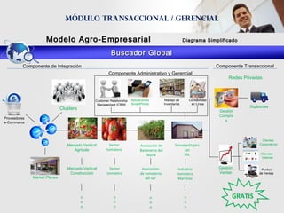 Buscador GlobalBuscador Global
Clientes
Corporativos
Modelo Agro-EmpresarialModelo Agro-Empresarial Diagrama SimplificadoDiagrama Simplificado
Mercado Vertical
Agrícola
Sector
tomatero
Asociación de
Bananeros del
Norte
TomatesOrgáni
cas
SRL
Puntos
de Ventas
Clientes
Internet
Gestión
Compra
s
Suplidores
Aplicaciones
SmartPhone
Manejo de
Inventarios
Contabilidad
en Línea
Proveedores
e-Commerce
Gestión
Ventas
Clusters
Market Places
Industria
tomatera
Martínez
Asociación
de tomateros
del sur
o
o
o
o
o
o
Sector
tomatero
o
o
o
Mercado Vertical
Construcción
o
o
o
GRATIS
Módulo transaccional / gerencial
Componente Transaccional
Componente Administrativo y Gerencial
Componente de Integración
Customer Relationship
Management (CRM)
Redes Privadas
 