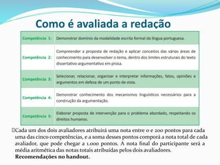 Como é avaliada a redação
Cada um dos dois avaliadores atribuirá uma nota entre 0 e 200 pontos para cada
uma das cinco competências, e a soma desses pontos comporá a nota total de cada
avaliador, que pode chegar a 1.000 pontos. A nota ﬁnal do participante será a
média aritmética das notas totais atribuídas pelos dois avaliadores.
Recomendações no handout.
 