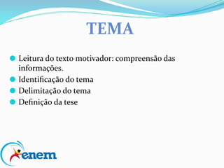 ⚫ Leitura do texto motivador: compreensão das
informações.
⚫ Identiﬁcação do tema
⚫ Delimitação do tema
⚫ Deﬁnição da tese
TEMA
 