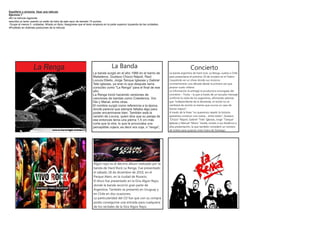 Equilibrio y armonía Usar una retícula
Ejercicio 7
·En la retícula siguiente
·escriba un texto usando un estilo de letra de palo seco de tamaño 10 puntos.
 Ocupe al menos 5 unidades. Añada un titulo. Asegúrese que el texto empieza en la parte superior izquierda de las unidades.
·Pruébelo en distintas posiciones de la retícula




                    La Renga                                                        La Banda                                                    Concierto
                                                                     La banda surgió en el año 1988 en el barrio de           La banda argentina de hard rock, La Renga, vuelve a Chile
                                                                     Mataderos. Gustavo Chizzo Nápoli, Raúl                   para presentarse el próximo 19 de octubre en el Teatro
                                                                     Locura Dilelio, Jorge Tanque Iglesias y Gabriel          Caupolicán en un show donde sus músicos
                                                                     Tete Iglesias, ya eran lo que después sería              conmemorarán una década desde la primera vez que
                                                                     conocido como "La Renga" para el final de ese            pisaron suelo chileno.
                                                                     año.                                                     La información la entregó la productora encargada del
                                                                     La Renga inició haciendo versiones de                    concierto – Toma – la que a través de un escueto mensaje
                                                                     canciones de bandas como Creedence, Vox                  confirmó la visita de los argentinos, afirmando además
                                                                     Dei y Manal, entre otras.                                que “independiente de la demanda, el recital no se
                                                                     El nombre surgió como referencia a la época,             cambiará de recinto (a menos que ocurra un caso de
                                                                     donde parecía que siempre faltaba algo para              fuerza mayor)”.
                                                                     poder encaminarse bien. También está la                  A través de la frase “no queremos repetir la historia,
                                                                     versión de Locura, quien dice que su pareja de           queremos construir una nueva… entre todos”, Gustavo
                                                                     ese entonces tenía una pierna 1,5 cm más                 “Chizzo” Nápoli, Gabriel “Tete” Iglesias, Jorge “Tanque”
                                                                     corta que la otra, lo que le provocaba una               Iglesias y Manuel “Manu” Varela, invitan a sus fanáticos a
                                                                     perceptible cojera; es decir era coja, o "renga",        esta presentación, la que también consideró un número
                                                                                                                              de tickets para quienes viven fuera de Santiago.




                                                                     Algún rayo es el décimo álbum realizado por la
                                                                     banda de Hard Rock La Renga. Fue presentado
                                                                     el sábado 18 de diciembre de 2010, en el
                                                                     Parque Alem, en la ciudad de Rosario.
                                                                     El disco fue presentado en la Gira Algún Rayo,
                                                                     donde la banda recorrió gran parte de
                                                                     Argentina. También se presentó en Uruguay y
                                                                     en Chile en dos ocasiones.
                                                                     La particularidad del CD fue que con su compra
                                                                     podía conseguirse una entrada para cualquiera
                                                                     de los recitales de la Gira Algún Rayo.
 