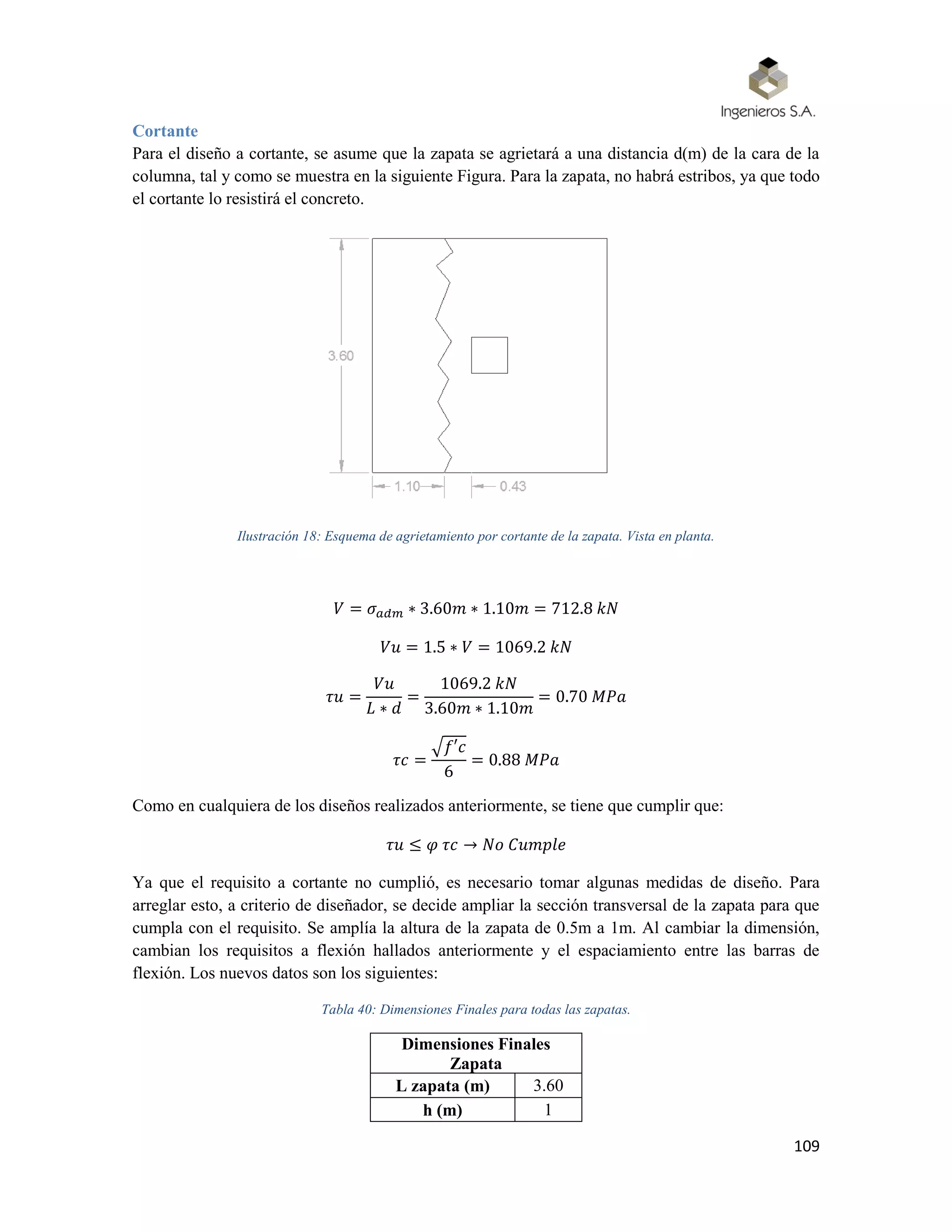 109
Cortante
Para el diseño a cortante, se asume que la zapata se agrietará a una distancia d(m) de la cara de la
columna, tal y como se muestra en la siguiente Figura. Para la zapata, no habrá estribos, ya que todo
el cortante lo resistirá el concreto.
Ilustración 18: Esquema de agrietamiento por cortante de la zapata. Vista en planta.
𝑉 = 𝜎 𝑎𝑑𝑚 ∗ 3.60𝑚 ∗ 1.10𝑚 = 712.8 𝑘𝑁
𝑉𝑢 = 1.5 ∗ 𝑉 = 1069.2 𝑘𝑁
𝜏𝑢 =
𝑉𝑢
𝐿 ∗ 𝑑
=
1069.2 𝑘𝑁
3.60𝑚 ∗ 1.10𝑚
= 0.70 𝑀𝑃𝑎
𝜏𝑐 =
√𝑓′𝑐
6
= 0.88 𝑀𝑃𝑎
Como en cualquiera de los diseños realizados anteriormente, se tiene que cumplir que:
𝜏𝑢 ≤ 𝜑 𝜏𝑐 → 𝑁𝑜 𝐶𝑢𝑚𝑝𝑙𝑒
Ya que el requisito a cortante no cumplió, es necesario tomar algunas medidas de diseño. Para
arreglar esto, a criterio de diseñador, se decide ampliar la sección transversal de la zapata para que
cumpla con el requisito. Se amplía la altura de la zapata de 0.5m a 1m. Al cambiar la dimensión,
cambian los requisitos a flexión hallados anteriormente y el espaciamiento entre las barras de
flexión. Los nuevos datos son los siguientes:
Tabla 40: Dimensiones Finales para todas las zapatas.
Dimensiones Finales
Zapata
L zapata (m) 3.60
h (m) 1
 
