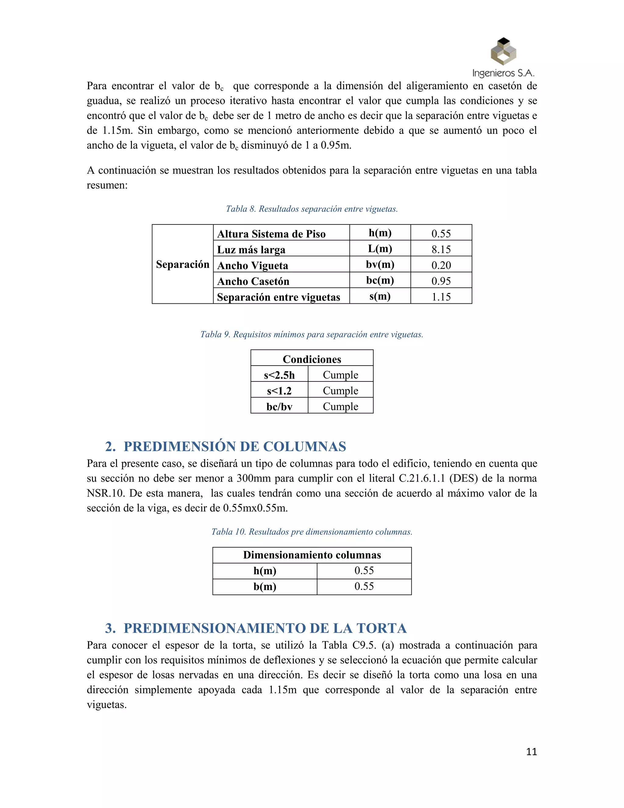 11
Para encontrar el valor de bc que corresponde a la dimensión del aligeramiento en casetón de
guadua, se realizó un proceso iterativo hasta encontrar el valor que cumpla las condiciones y se
encontró que el valor de bc debe ser de 1 metro de ancho es decir que la separación entre viguetas e
de 1.15m. Sin embargo, como se mencionó anteriormente debido a que se aumentó un poco el
ancho de la vigueta, el valor de bc disminuyó de 1 a 0.95m.
A continuación se muestran los resultados obtenidos para la separación entre viguetas en una tabla
resumen:
Tabla 8. Resultados separación entre viguetas.
Separación
Altura Sistema de Piso h(m) 0.55
Luz más larga L(m) 8.15
Ancho Vigueta bv(m) 0.20
Ancho Casetón bc(m) 0.95
Separación entre viguetas s(m) 1.15
Tabla 9. Requisitos mínimos para separación entre viguetas.
Condiciones
s<2.5h Cumple
s<1.2 Cumple
bc/bv Cumple
2. PREDIMENSIÓN DE COLUMNAS
Para el presente caso, se diseñará un tipo de columnas para todo el edificio, teniendo en cuenta que
su sección no debe ser menor a 300mm para cumplir con el literal C.21.6.1.1 (DES) de la norma
NSR.10. De esta manera, las cuales tendrán como una sección de acuerdo al máximo valor de la
sección de la viga, es decir de 0.55mx0.55m.
Tabla 10. Resultados pre dimensionamiento columnas.
Dimensionamiento columnas
h(m) 0.55
b(m) 0.55
3. PREDIMENSIONAMIENTO DE LA TORTA
Para conocer el espesor de la torta, se utilizó la Tabla C9.5. (a) mostrada a continuación para
cumplir con los requisitos mínimos de deflexiones y se seleccionó la ecuación que permite calcular
el espesor de losas nervadas en una dirección. Es decir se diseñó la torta como una losa en una
dirección simplemente apoyada cada 1.15m que corresponde al valor de la separación entre
viguetas.
 