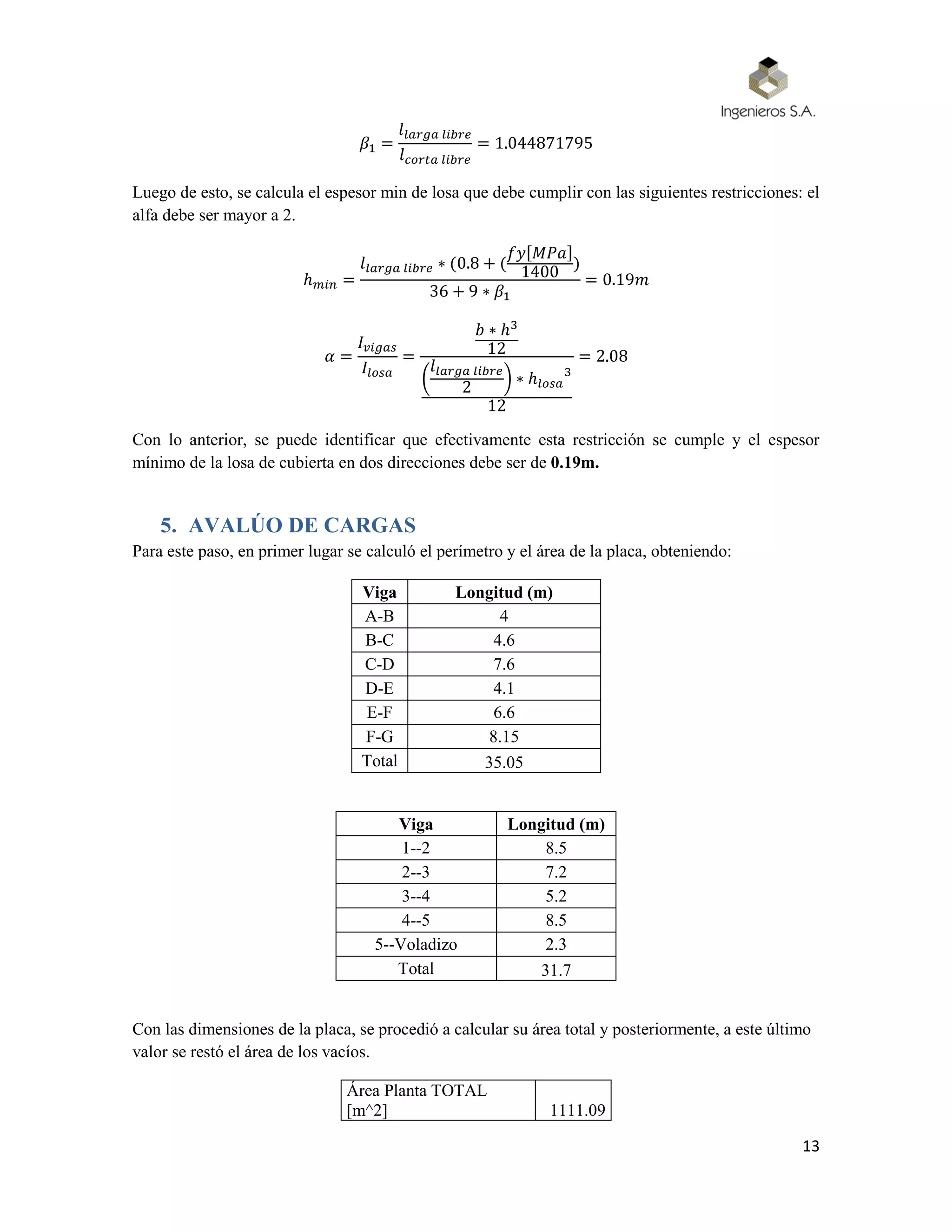 13
𝛽1 =
𝑙𝑙𝑎𝑟𝑔𝑎 𝑙𝑖𝑏𝑟𝑒
𝑙 𝑐𝑜𝑟𝑡𝑎 𝑙𝑖𝑏𝑟𝑒
= 1.044871795
Luego de esto, se calcula el espesor min de losa que debe cumplir con las siguientes restricciones: el
alfa debe ser mayor a 2.
ℎ 𝑚𝑖𝑛 =
𝑙𝑙𝑎𝑟𝑔𝑎 𝑙𝑖𝑏𝑟𝑒 ∗ (0.8 + (
𝑓𝑦[𝑀𝑃𝑎]
1400 )
36 + 9 ∗ 𝛽1
= 0.19𝑚
𝛼 =
𝐼 𝑣𝑖𝑔𝑎𝑠
𝐼𝑙𝑜𝑠𝑎
=
𝑏 ∗ ℎ3
12
(
𝑙𝑙𝑎𝑟𝑔𝑎 𝑙𝑖𝑏𝑟𝑒
2 ) ∗ ℎ𝑙𝑜𝑠𝑎
3
12
= 2.08
Con lo anterior, se puede identificar que efectivamente esta restricción se cumple y el espesor
mínimo de la losa de cubierta en dos direcciones debe ser de 0.19m.
5. AVALÚO DE CARGAS
Para este paso, en primer lugar se calculó el perímetro y el área de la placa, obteniendo:
Viga Longitud (m)
A-B 4
B-C 4.6
C-D 7.6
D-E 4.1
E-F 6.6
F-G 8.15
Total 35.05
Viga Longitud (m)
1--2 8.5
2--3 7.2
3--4 5.2
4--5 8.5
5--Voladizo 2.3
Total 31.7
Con las dimensiones de la placa, se procedió a calcular su área total y posteriormente, a este último
valor se restó el área de los vacíos.
Área Planta TOTAL
[m^2] 1111.09
 
