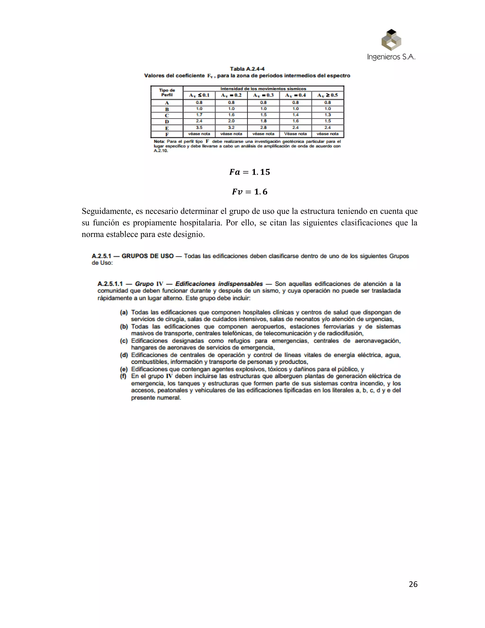 26
𝑭𝒂 = 𝟏. 𝟏𝟓
𝑭𝒗 = 𝟏. 𝟔
Seguidamente, es necesario determinar el grupo de uso que la estructura teniendo en cuenta que
su función es propiamente hospitalaria. Por ello, se citan las siguientes clasificaciones que la
norma establece para este designio.
 