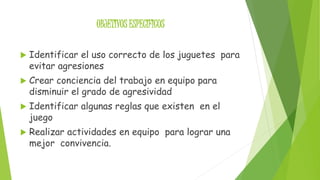 OBJETIVOS ESPECIFICOS 
 Identificar el uso correcto de los juguetes para 
evitar agresiones 
 Crear conciencia del trabajo en equipo para 
disminuir el grado de agresividad 
 Identificar algunas reglas que existen en el 
juego 
 Realizar actividades en equipo para lograr una 
mejor convivencia. 
 