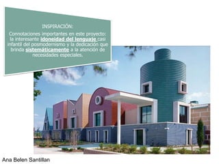 INSPIRACIÓN:
   Connotaciones importantes en este proyecto:
   la interesante idoneidad del lenguaje casi
  infantil del posmodernismo y la dedicación que
    brinda sistemáticamente a la atención de
               necesidades especiales.




Ana Belen Santillan
 