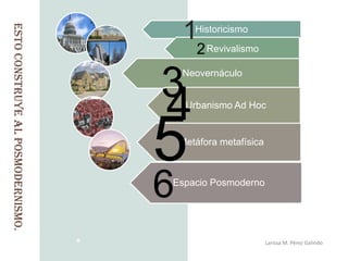 1
Esto construye al posmodernismo.
                                          Historicismo

                                          2 Revivalismo

                                   3   Neovernáculo



                                   4    Urbanismo Ad Hoc




                                   5   Metáfora metafísica




                                   6
                                   Espacio Posmoderno




                                                             Larissa M. Pérez Galindo
 