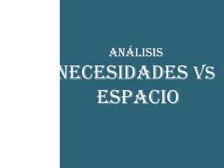 -He aquí el
          Análisis
       cruce
  NECESIDADES VS
esquizofrénico
entre dosESPACIO
         códigos que
es característico del
   postmoderno
 