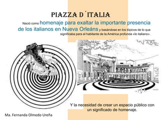 PIAZZA D´ITALIA
                homenaje para exaltar la importante presencia
         Nació como

      de los italianos en Nueva Orleáns y basándose en los tópicos de lo que
                            significaba para el habitante de la América profunda «lo italiano».




                                   Y la necesidad de crear un espacio público con
                                            un significado de homenaje.
Ma. Fernanda Olmedo Ureña
 