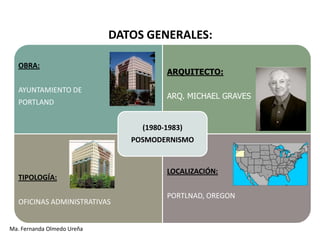 DATOS GENERALES:

   OBRA:
                                       ARQUITECTO:

   AYUNTAMIENTO DE
                                       ARQ. MICHAEL GRAVES
   PORTLAND


                                 (1980-1983)
                               POSMODERNISMO


                                       LOCALIZACIÓN:
   TIPOLOGÍA:

                                       PORTLNAD, OREGON
   OFICINAS ADMINISTRATIVAS


Ma. Fernanda Olmedo Ureña
 