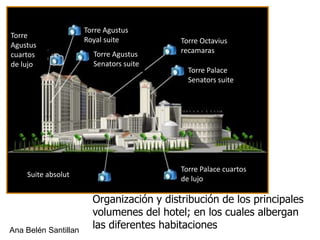 Torre Agustus
Torre
                      Royal suite          Torre Octavius
Agustus
                        Torre Agustus      recamaras
cuartos
de lujo                 Senators suite
                                             Torre Palace
                                             Senators suite




                                           Torre Palace cuartos
    Suite absolut
                                           de lujo

                        Organización y distribución de los principales
                        volumenes del hotel; en los cuales albergan
Ana Belén Santillan
                        las diferentes habitaciones
 