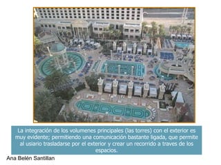 La integración de los volumenes principales (las torres) con el exterior es
   muy evidente; permitiendo una comunicación bastante ligada, que permite
     al usiario trasladarse por el exterior y crear un recorrido a traves de los
                                      espacios.
Ana Belén Santillan
 