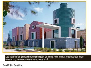 Los volúmenes principales organizados en línea, con formas geométricas muy
  marcadas, y colores contrastantes entre sí

Ana Belén Santillan
 