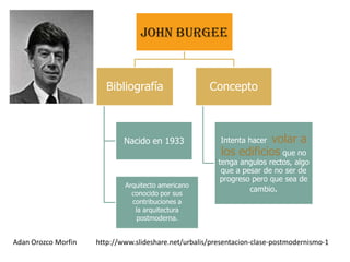 John Burgee


                        Bibliografía                  Concepto



                             Nacido en 1933                          volar a
                                                         Intenta hacer
                                                          los edificios que no
                                                         tenga angulos rectos, algo
                                                          que a pesar de no ser de
                                                          progreso pero que sea de
                             Arquitecto americano
                                                                  cambio.
                               conocido por sus
                               contribuciones a
                                la arquitectura
                                 postmoderna.


Adan Orozco Morfin   http://www.slideshare.net/urbalis/presentacion-clase-postmodernismo-1
 