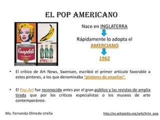 EL POP AMERICANO
                                         Nace en INGLATERRA

                                       Rápidamente lo adopta el
                                             AMERCIANO

                                                   1962

  • El crítico de Art News, Swenson, escribió el primer artículo favorable a
    estos pintores, a los que denominaba “pintores de enseñas”.

  • El Pop-Art fue reconocido antes por el gran público y las revistas de amplia
    tirada que por los críticos especialistas o los museos de arte
    contemporáneo.

Ma. Fernanda Olmedo Ureña                            http://es.wikipedia.org/wiki/Arte_pop
 