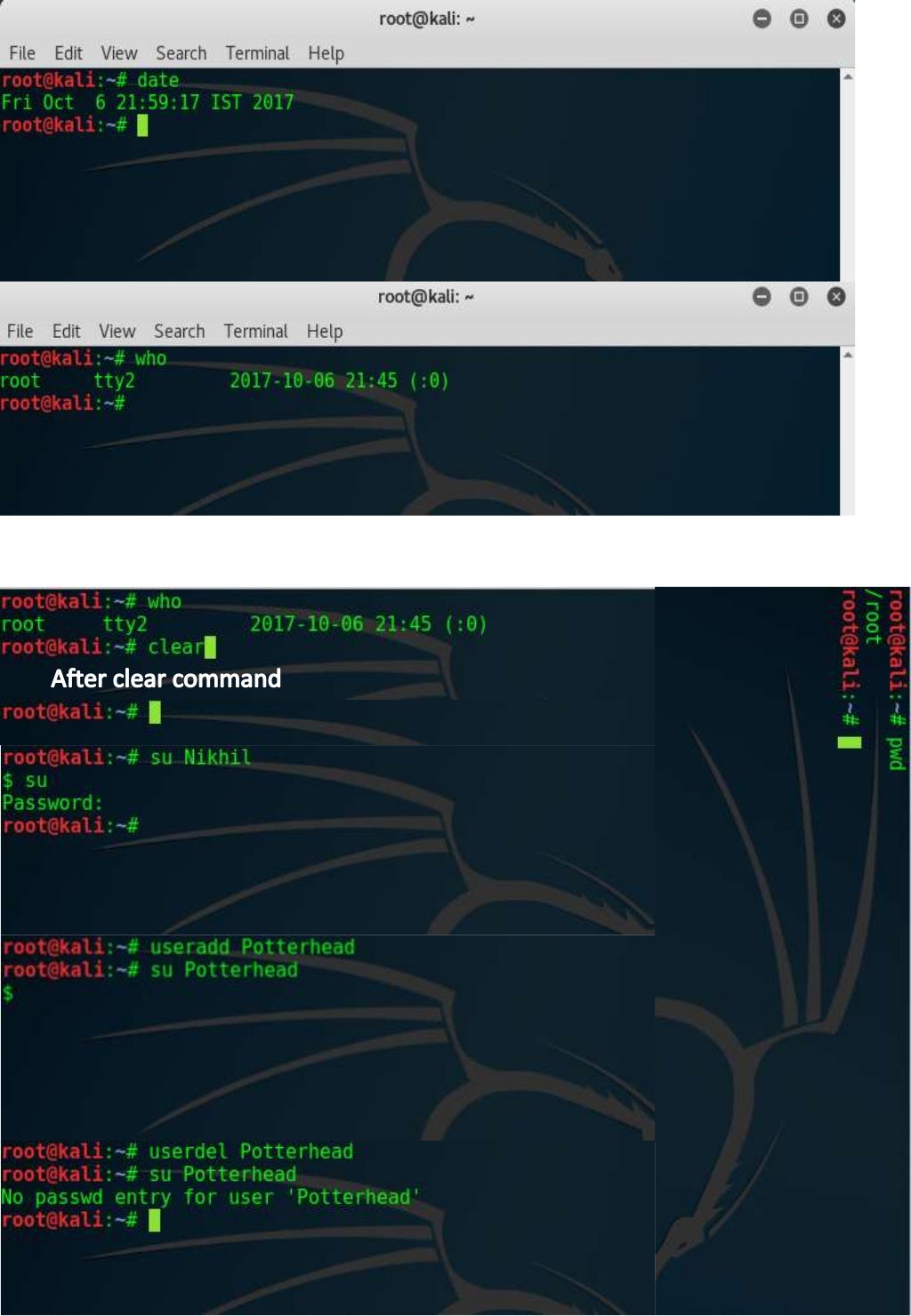 Screenshots of all Commands for LINUX Terminal (KALI Linux)