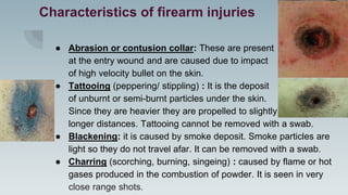 Characteristics of firearm injuries
● Abrasion or contusion collar: These are present
at the entry wound and are caused due to impact
of high velocity bullet on the skin.
● Tattooing (peppering/ stippling) : It is the deposit
of unburnt or semi-burnt particles under the skin.
Since they are heavier they are propelled to slightly
longer distances. Tattooing cannot be removed with a swab.
● Blackening: it is caused by smoke deposit. Smoke particles are
light so they do not travel afar. It can be removed with a swab.
● Charring (scorching, burning, singeing) : caused by flame or hot
gases produced in the combustion of powder. It is seen in very
close range shots.
 