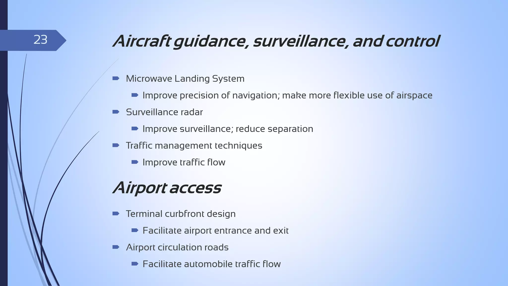 23

Aircraft guidance, surveillance, and control
 Microwave Landing System
 Improve precision of navigation; make more flexible use of airspace
 Surveillance radar
 Improve surveillance; reduce separation
 Traffic management techniques
 Improve traffic flow

Airport access
 Terminal curbfront design
 Facilitate airport entrance and exit
 Airport circulation roads
 Facilitate automobile traffic flow

 