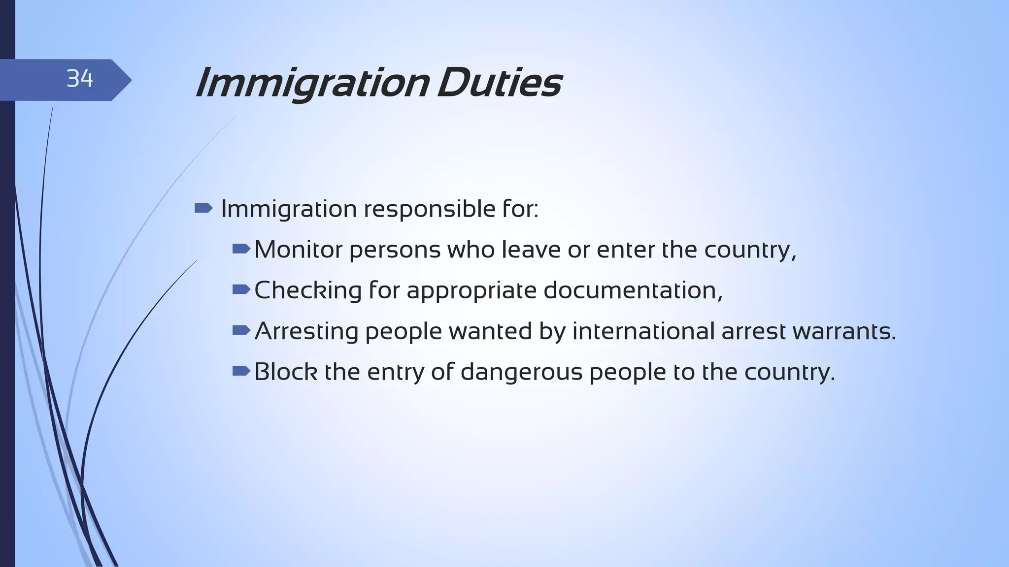 34

Immigration Duties
 Immigration responsible for:
Monitor persons who leave or enter the country,

Checking for appropriate documentation,
Arresting people wanted by international arrest warrants.
Block the entry of dangerous people to the country.

 